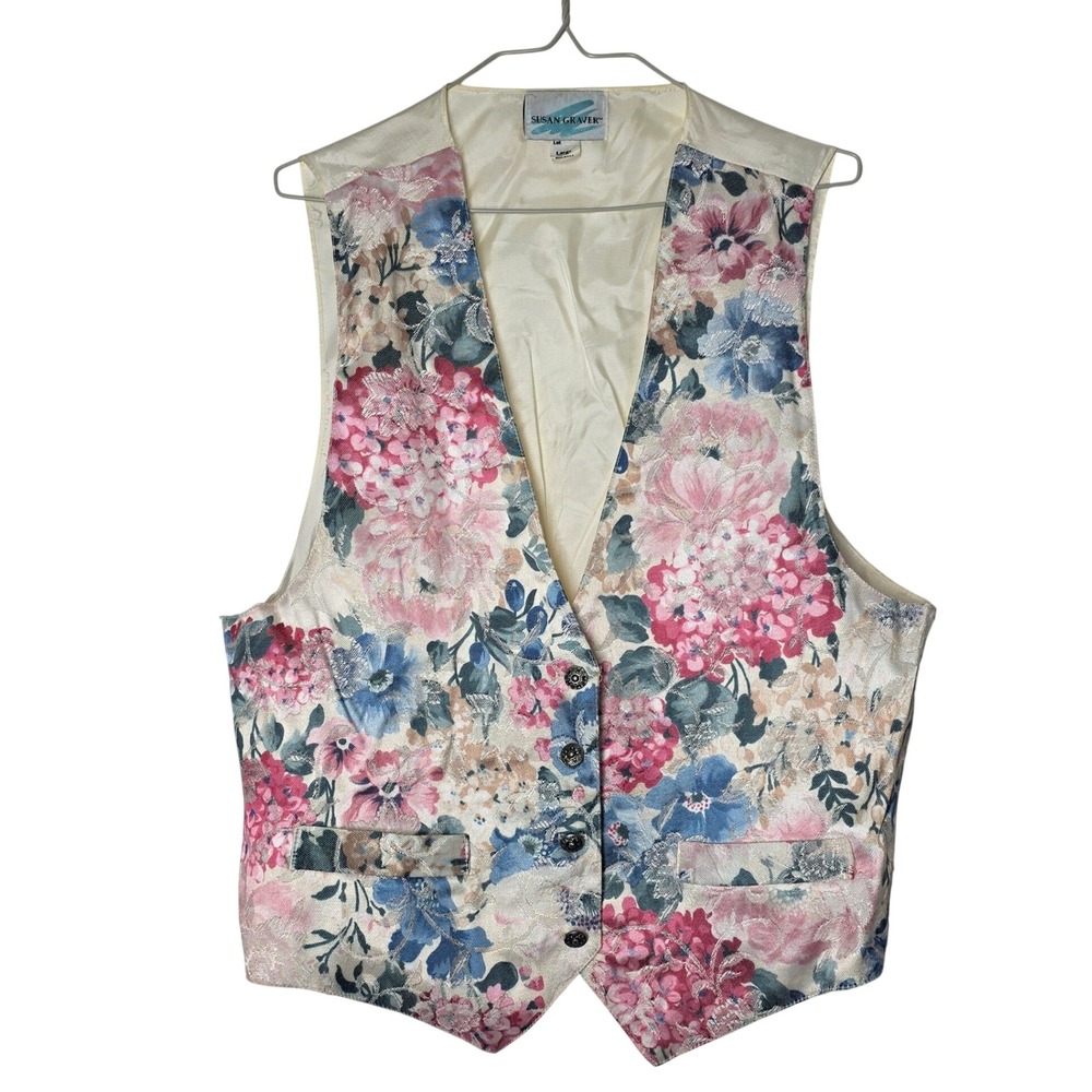 Susan Graver Vintage Floral Jacquard Vest Large Pink Blue Brocade Made in USA